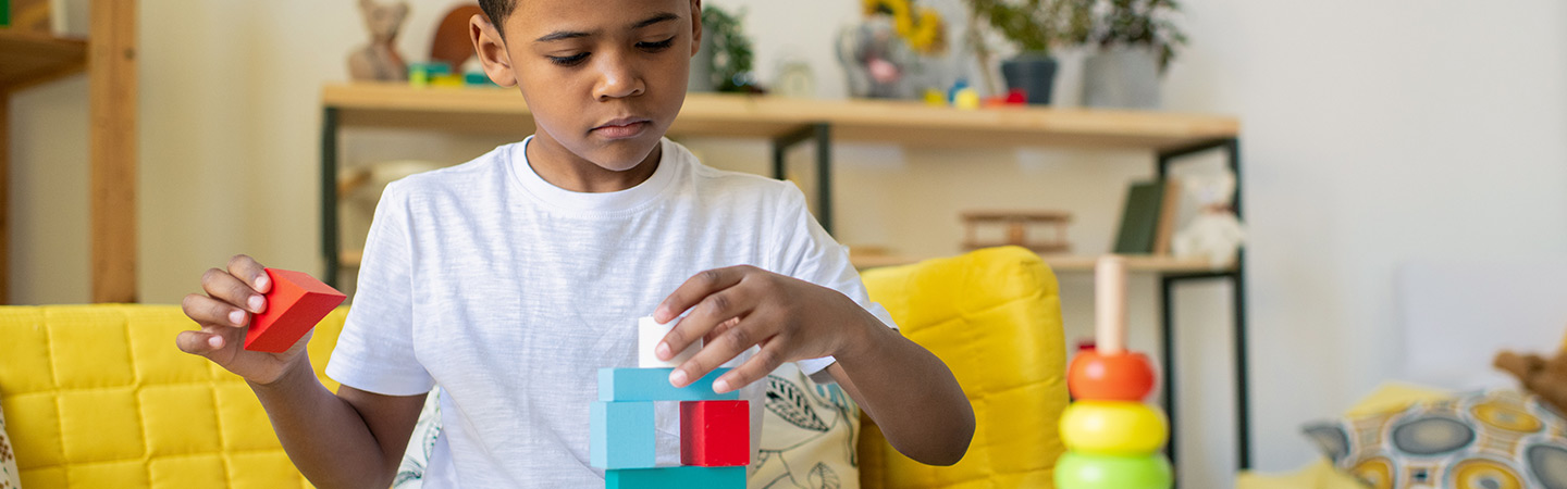 Boy in a white shirt plays with building blocks.