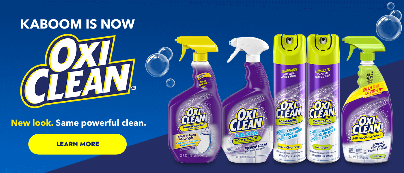 Lineup of OxiClean bathroom cleaners, formerly known as Kaboom bathroom cleaners.
