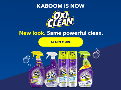Lineup of OxiClean bathroom cleaners, formerly known as Kaboom bathroom cleaners.