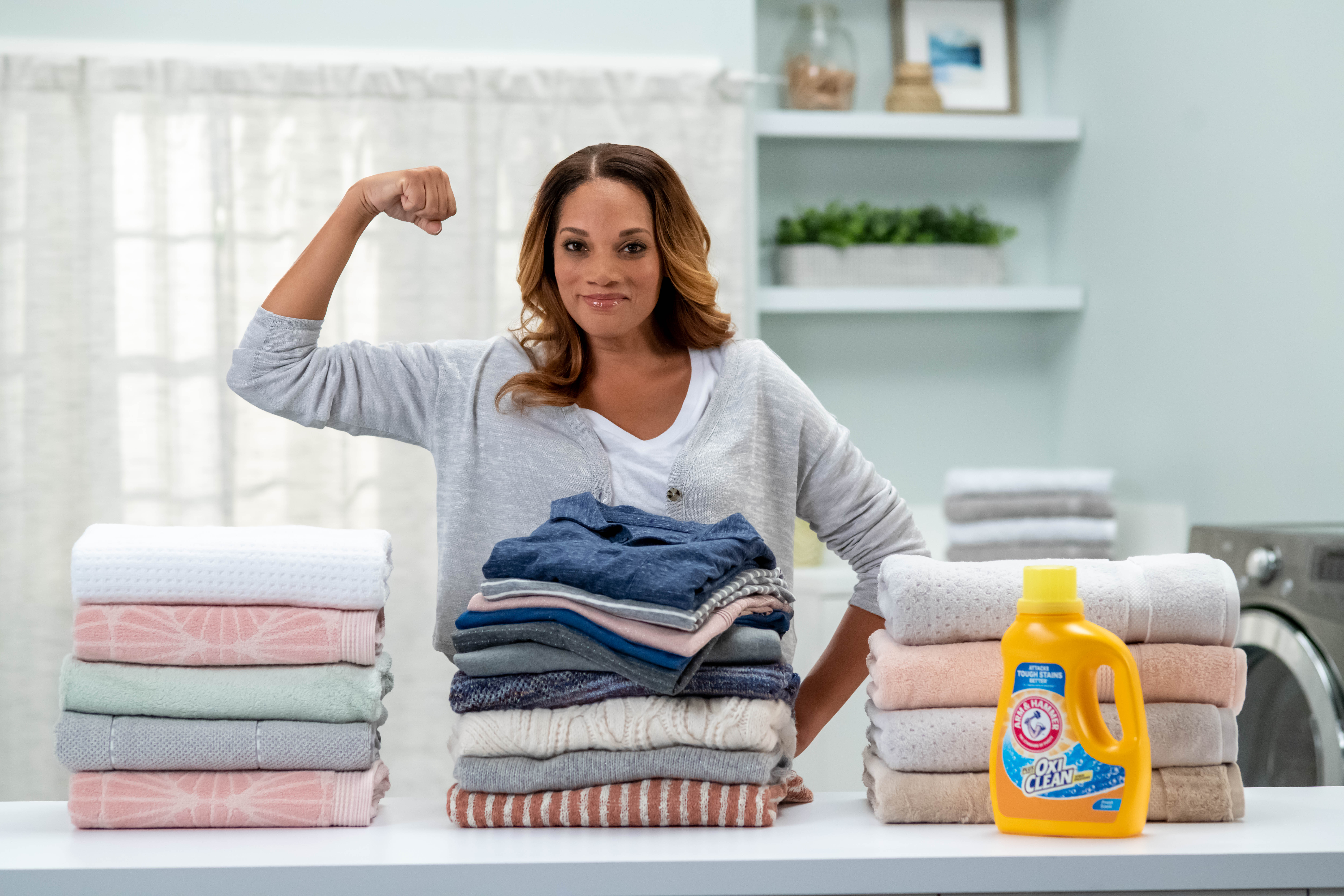 Strong mom after doing laundry