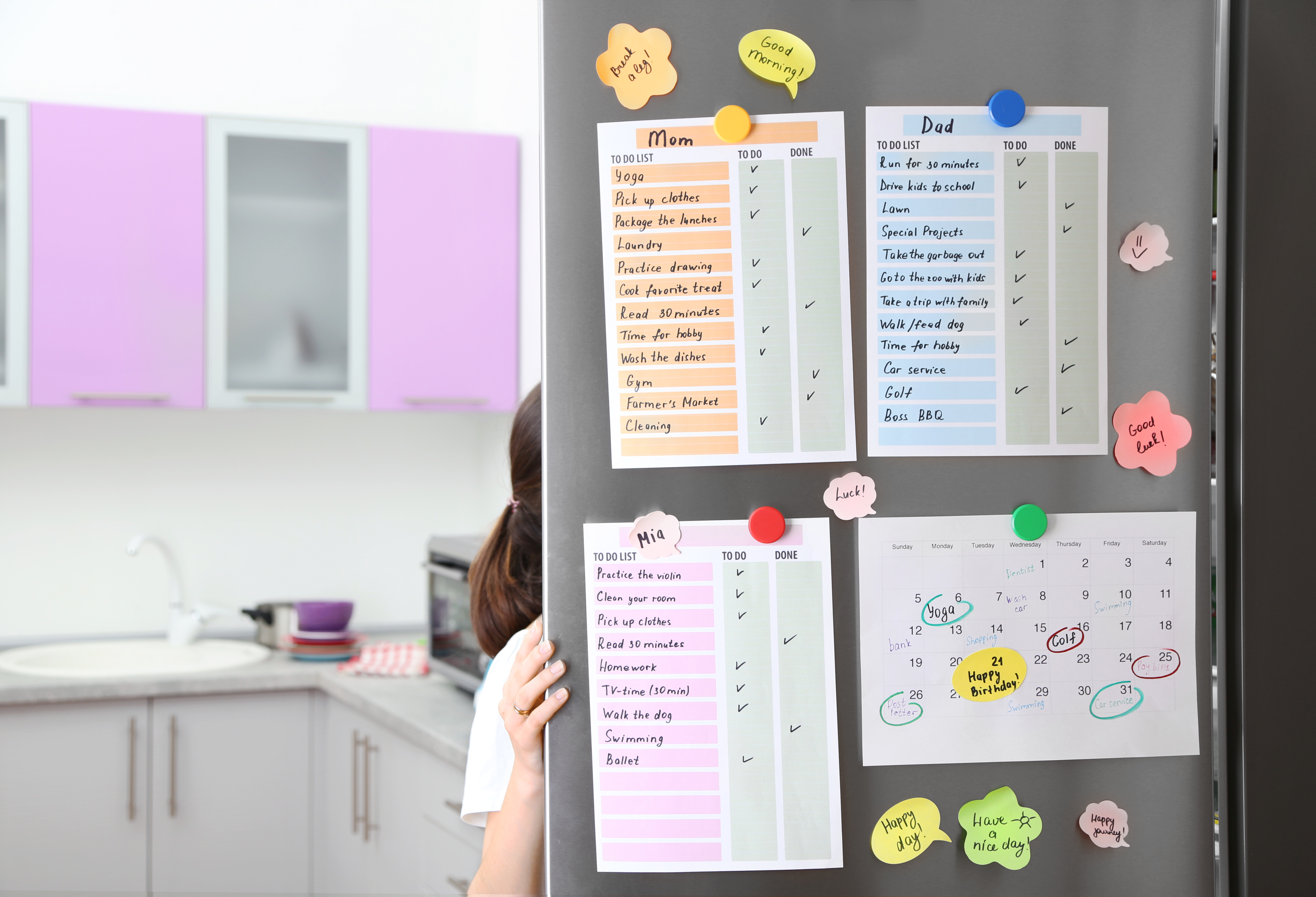 Girl opening a refrigerator displaying to-do lists for each family member and other sticky notes.