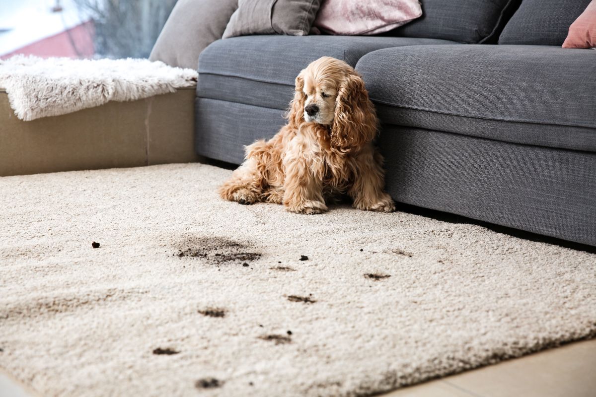 A dog sitting on a beige carpet covered in mud stains from his paws.